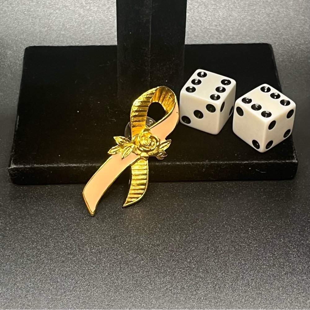 Avon Vintage Pink Ribbon & Rose Gold-Tone Brooch